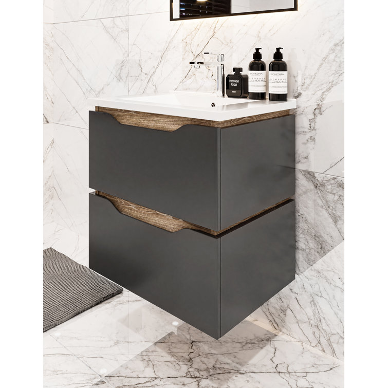 17 Stories 600mm Wall Hung Grey Bathroom Vanity Unit With Basin And